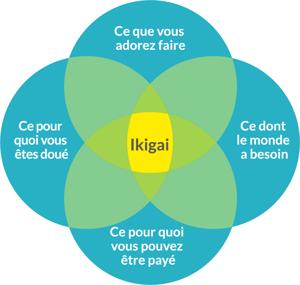 L'ikigai et ses 4 composants : argent, passion, talent et contribution
